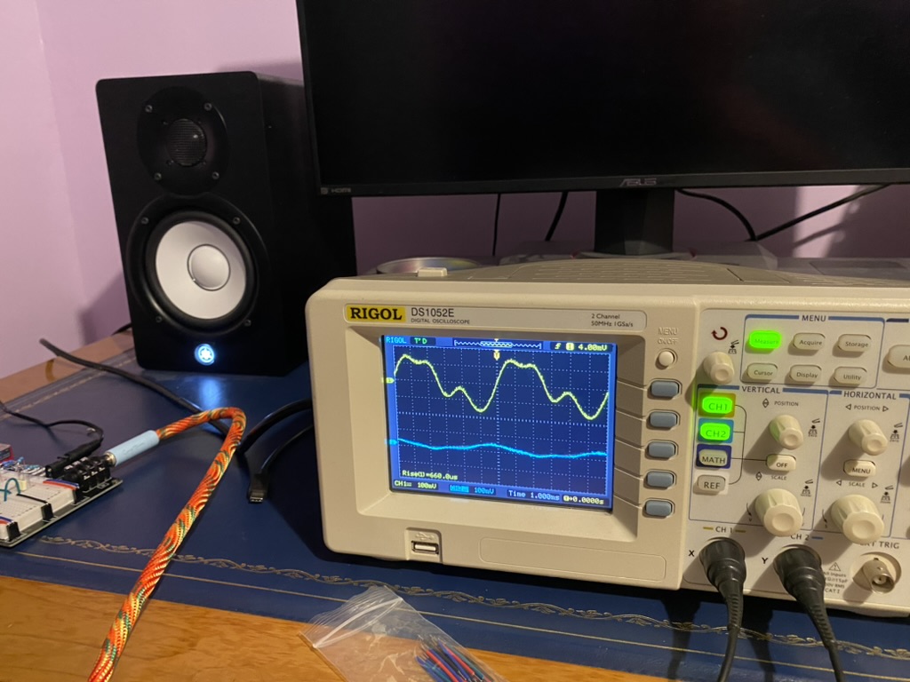 Picture of oscilloscope, showing an audio signal